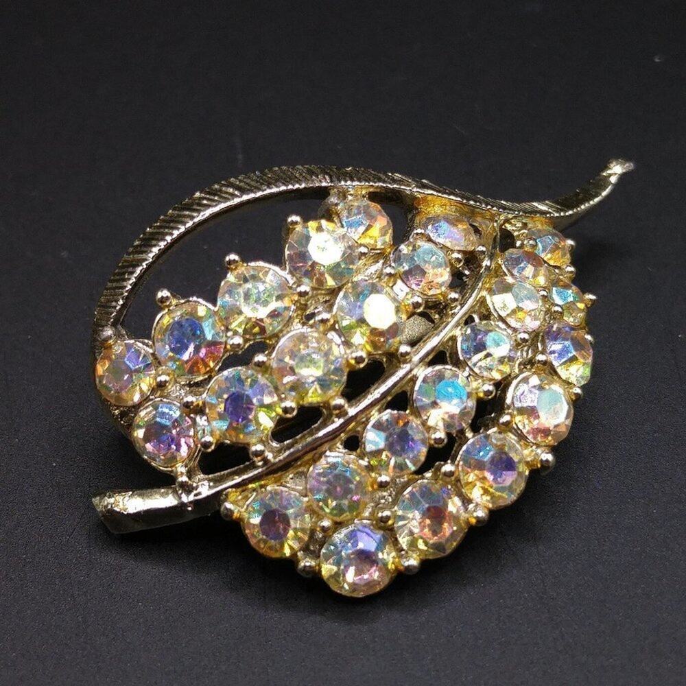 Vintage Aurora Borealis Rhinestone Leaf Brooch Gold Tone 1950s 1960s Pin